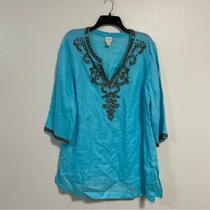 Chico’s Shirt Women’s Size 2/ Medium Aqua 100% Linen Bead Embellished Tunic Top